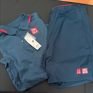 Uniqlo Navy Athletic Polo and Shorts with Red Trim